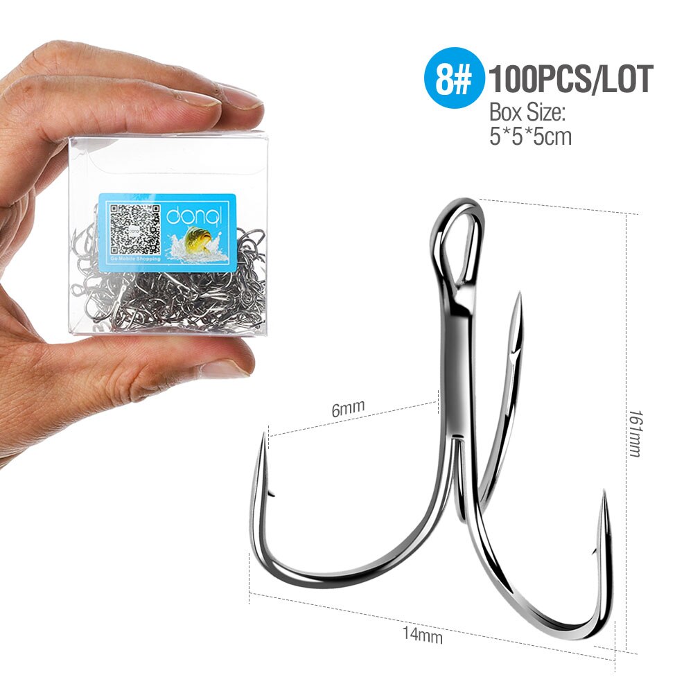 DONQL 100pcs/ Box Treble Fishing Hooks Carbon Steel Barbed Fishhooks Set Triple Hooks Sea Fishing Tackle Accessories For Lures: Size 8