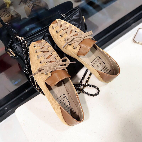 Personality Women Shoes S Spring Lace-Up Casual Loafers Soft Square Toe Flats for Women Shoes Black Loafers Women: YELLOW / 5