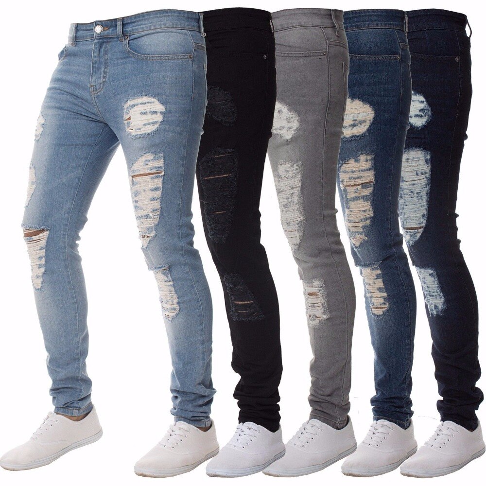 Herr casual skinny jeans byxor herr solida svarta slitna jeans herr slitna tiggarjeans med knähål för ungdomsmän