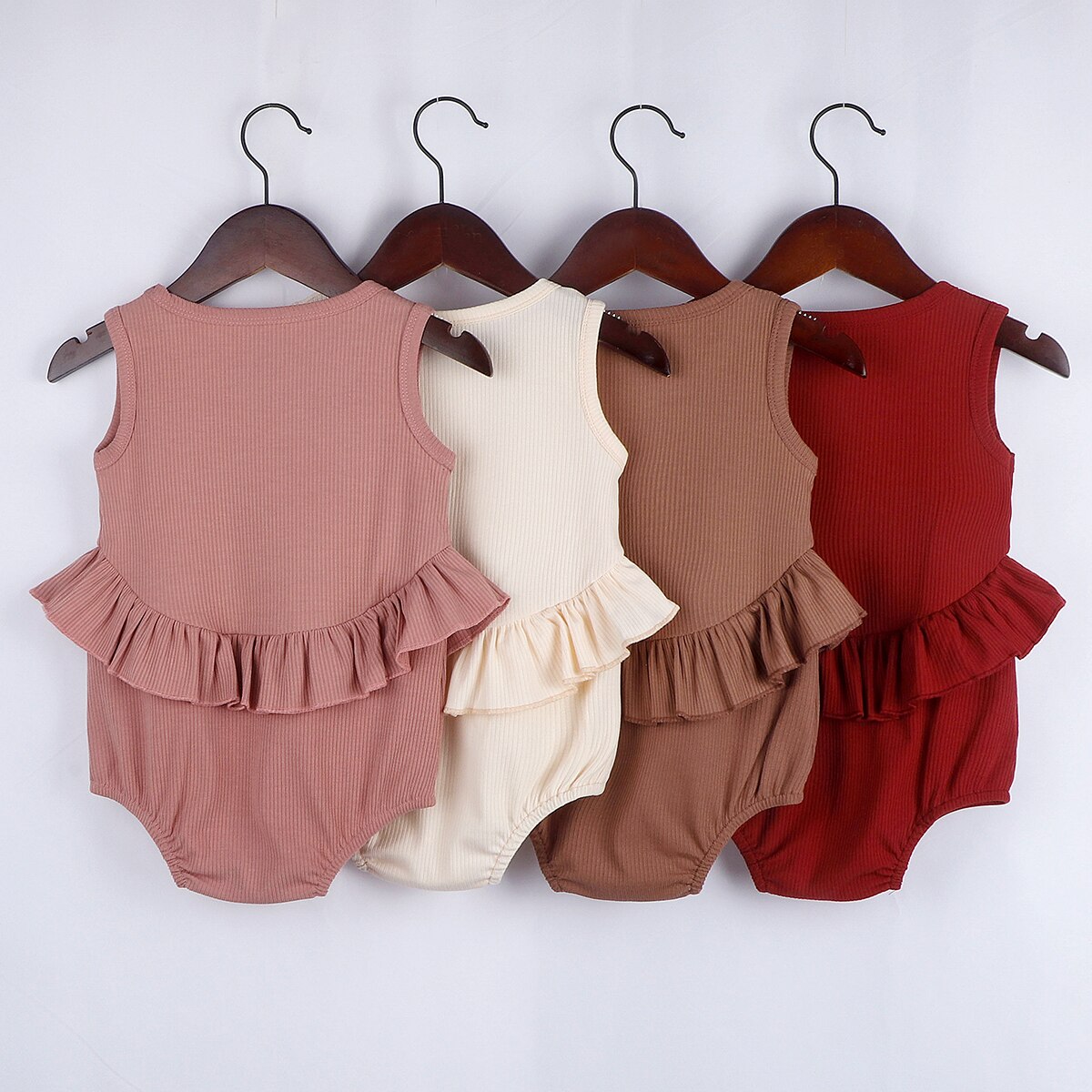 0-24M Peuter Baby Meisjes Jongens Bodysuits 4 Kleuren Solide Mouwloze Ruches Jumpsuits Kleding Outfits