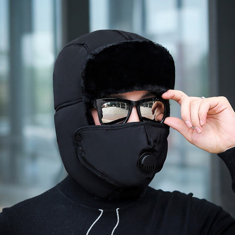 Vinter varm hætte vindtæt hat med åndedrætsventil cykling vindtæt høreværn ansigtsbeskyttelse hovedbeklædning med aftagelig maske: Sort