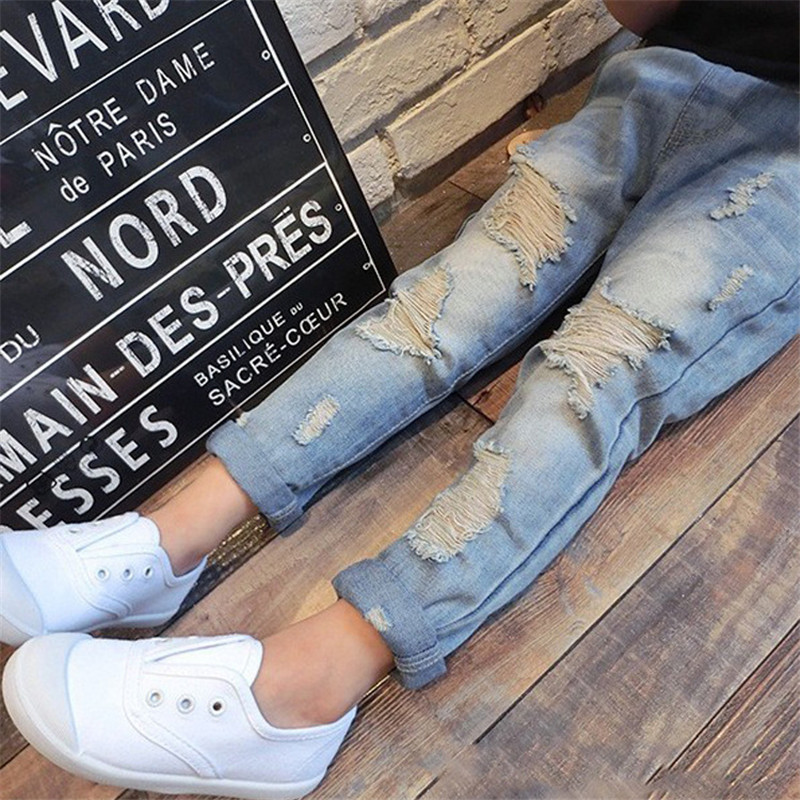 Pantalones vaqueros rotos para bebés y niños, Jeans desgastados ajustados de cintura media, Primavera,