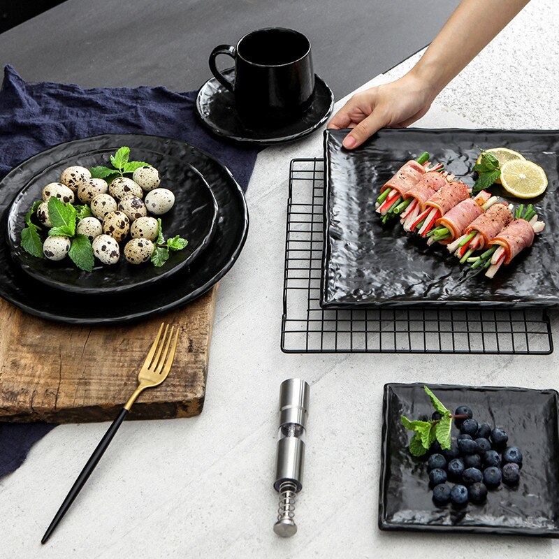 Japanese Ceramic Stone Pattern Black Glaze Dinner Plate Steak Salad Plate Home Dessert Sushi Square Dish Restaurant Tableware