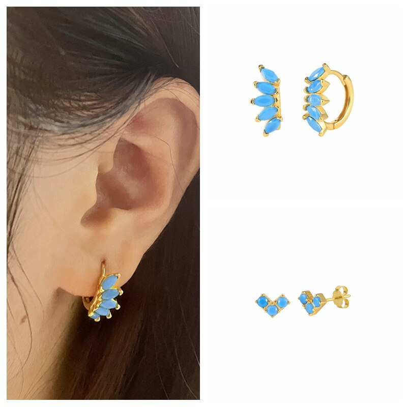 Minimalistische Etnische Turquoise Stud Oorbellen Plated Zilveren Bohemian Oorbellen Voor Koppels Lovers &#39;Anniversary Wedding Jewerly