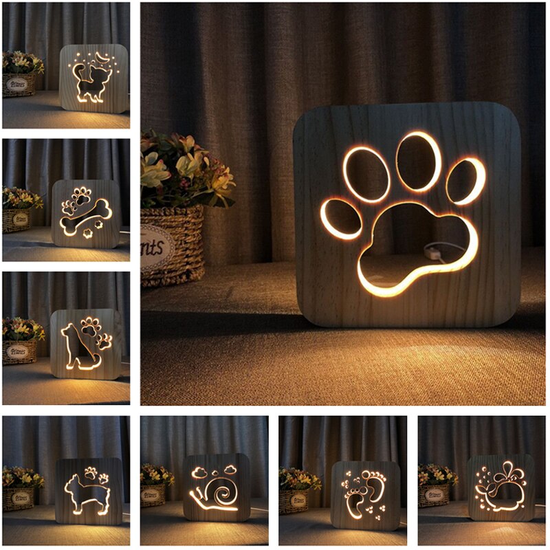 LED USB Night Light Wooden Dog Paw Cat Wolf Head Animal Lamp Novelty Kid Bedroom 3D Decoration Table Lights Child