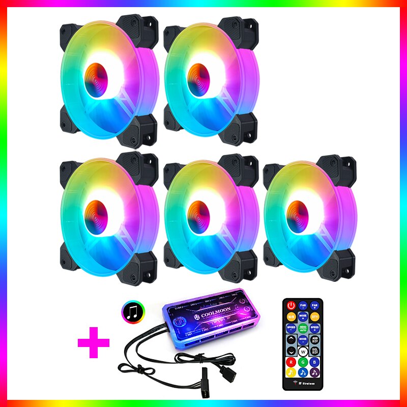 COOLMOON RGB Fan Lighting Music Controller Chassis Desktop Computer Case Fan Controller RF Remote Control: 5 fan Music