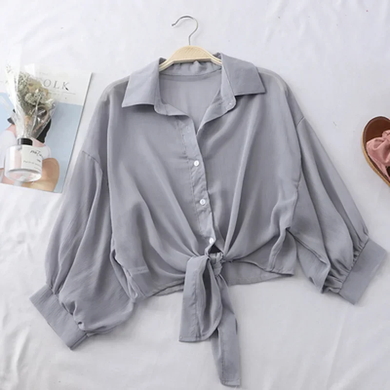 Blusa informal holgada de gasa con media manga para mujer, camisa con botones, cintura atada, primavera y verano, 9776: M / Gris