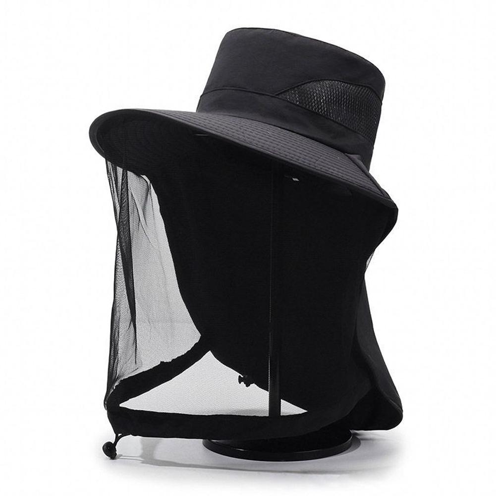 Muggennet zonnehoed voor heren en dames, UV-bescherming, brede rand, bucket hat met gaas, verstelbare kinband voor vissen, wandelen, tuinieren: zwart