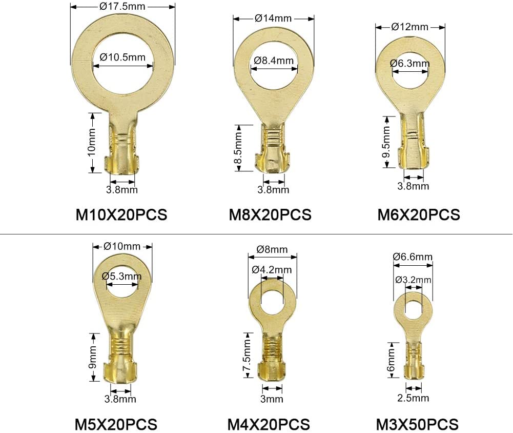 150 Stuks Ring Kabelschoenen Ring Ogen Brass Crimp Kabel Niet Geïsoleerde Connector Draad Terminals Assortiment M3 M4 M5 m6 M8 M10