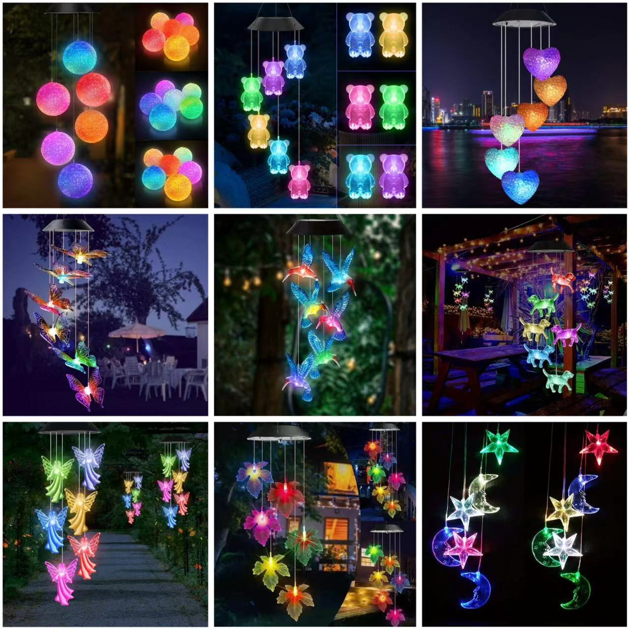Luz solar dos sinos de vento do beija-flor, decoração exterior, decorações do quintal, sinos de vento memorial, luzes das decorações do dia das bruxas ao ar livre