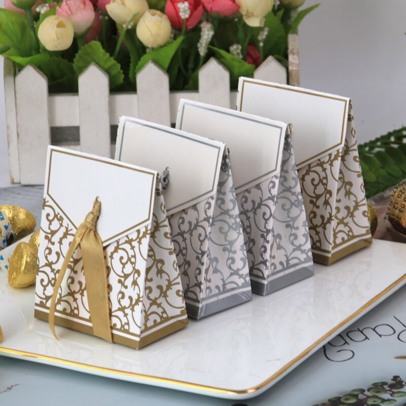 100 Stks/partij Nieuw Product Europese Stijl Bruiloft Geschenkdoos Gouden Zilver Golvend Patroon Candy Box Met Lint Party Box levert