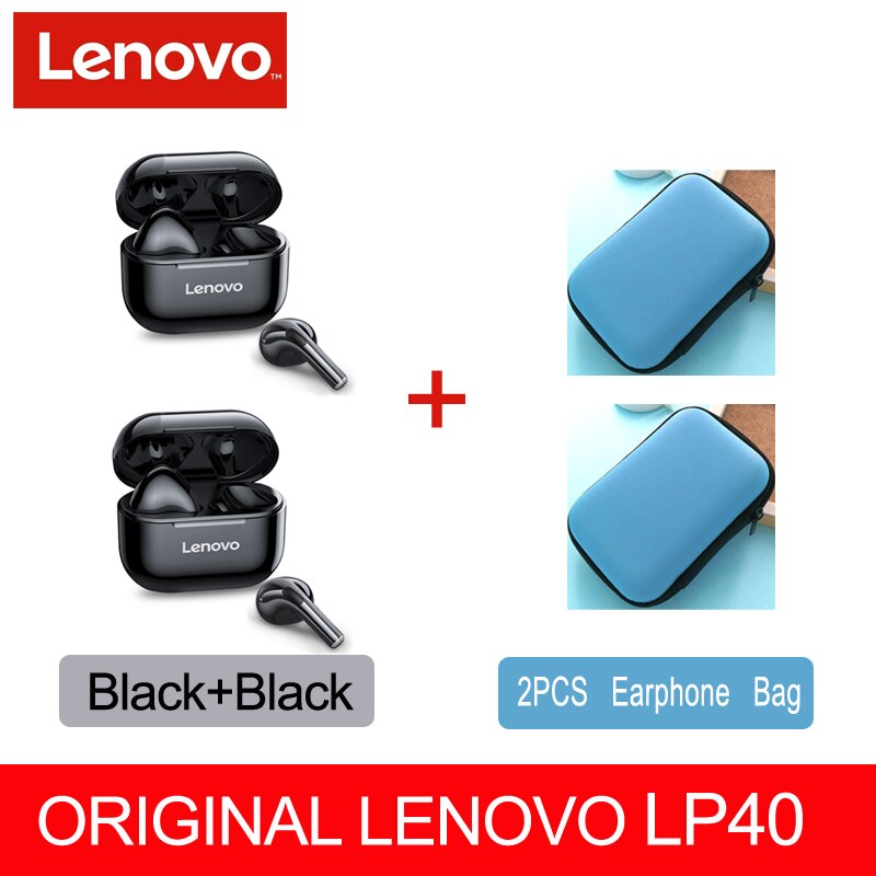 Nowy oryginalny Lenovo LP40 TWS bezprzewodowe słuchawki Bluetooth 5.0 podwójna redukcja szumów Stereo Bass sterowanie dotykowe długi tryb gotowości 230mAH: LP40 2 Black 2 Case