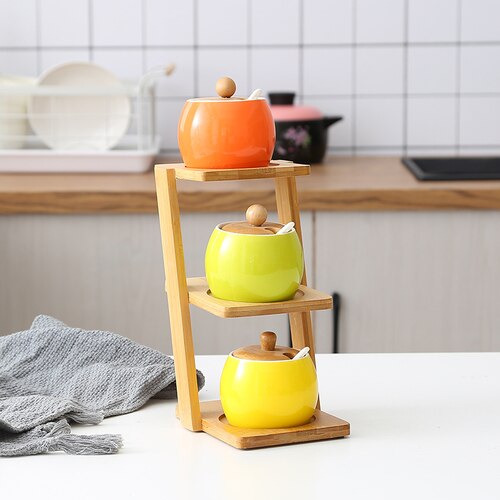 1/pcs Keramische kruiden jar trapeziumvormige bovenste en onderste laag bamboe plank Huishoudelijke peper zout glazen pot Kruiden opslag doos: K