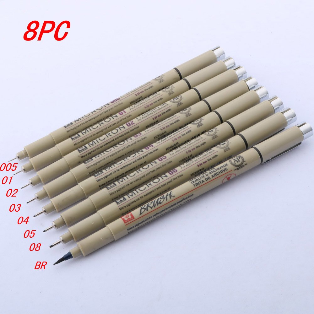 12pc pigmentforing mikron blækmarkør pen forskellige tip maleri sort fineliner tegning tegning pen kontorartikler: 8pc