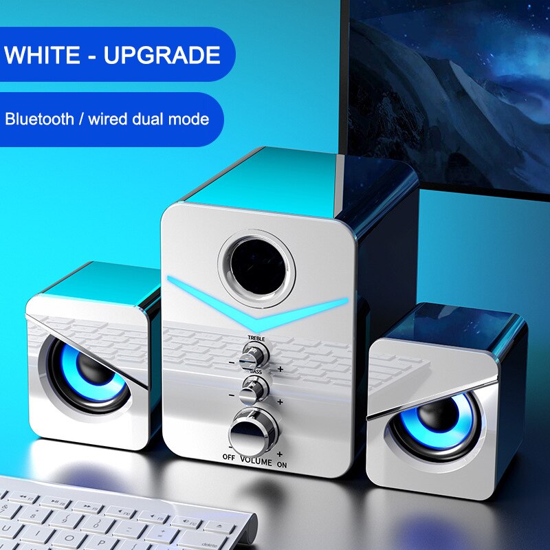 3PC Subwoofer Computer Combination Speakers Bass Stereo Music Player USB Wired LED Bass Stereo Player For Laptop PC: white bluetooth