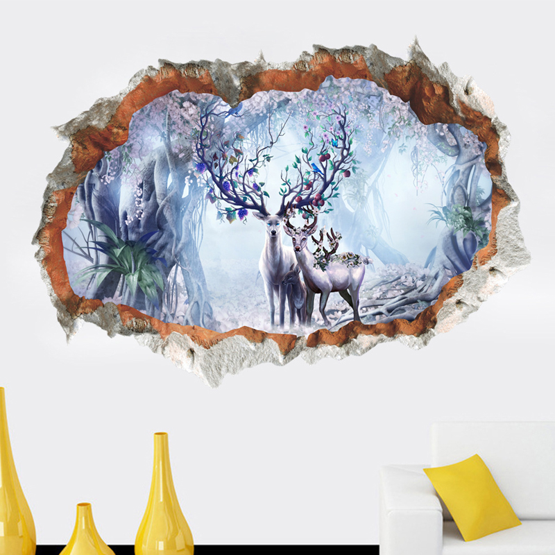 Pared rota 3D ciervo alce bosque pegatina de pared de sala de estar extraíble para la decoración del hogar, pegatinas de fondo, pegatinas de paisaje artístico