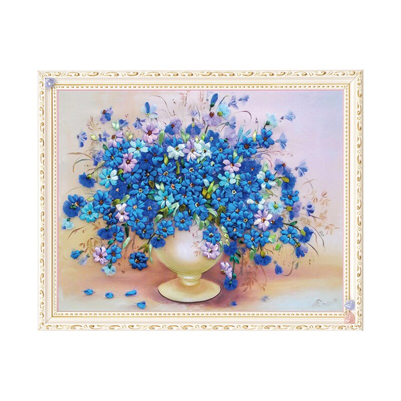 Vintage Blauwe Bloemen Diy Lint Borduurwerk Kits 3D Print Kruissteek Schilderij Naald Set Beginner Muur Foto 'S Voor Home Decor
