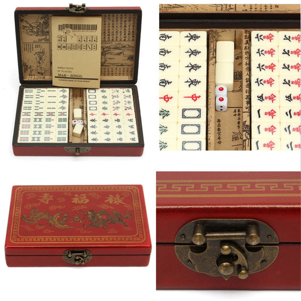 144 Stuks Reizen Draagbare Mahjong Spel Met Lederen Doos En Engels Handleiding Multiplayer Board Game Speelgoed Voor Volwassenen Kinderen