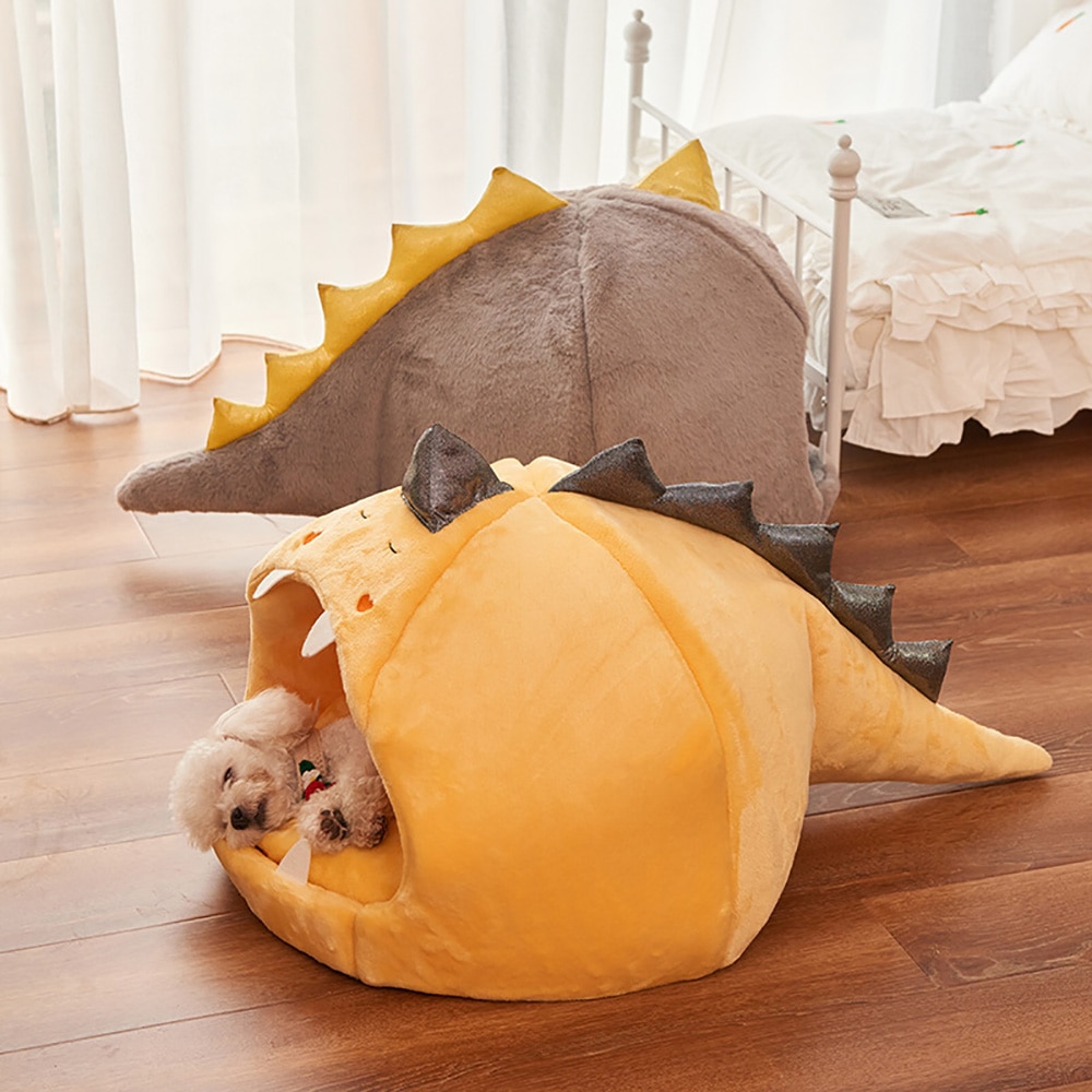 Comfy Pet Sleeping House For Small Dog Dinosaur Shape Soft Round Pet Cat Bed Cushion Detachable Washable Kitty Puppy Accessories