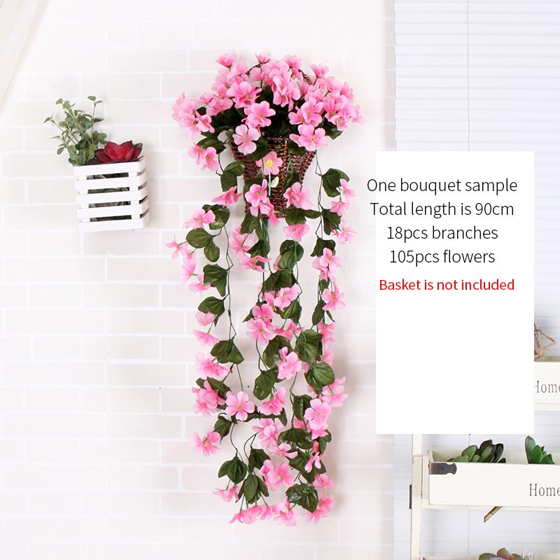 Violett konstgjord orkidé blommor murgröna blad krans vinranka vägghängande korg blomma rotting bröllop hem balkong dekoration: Rosa
