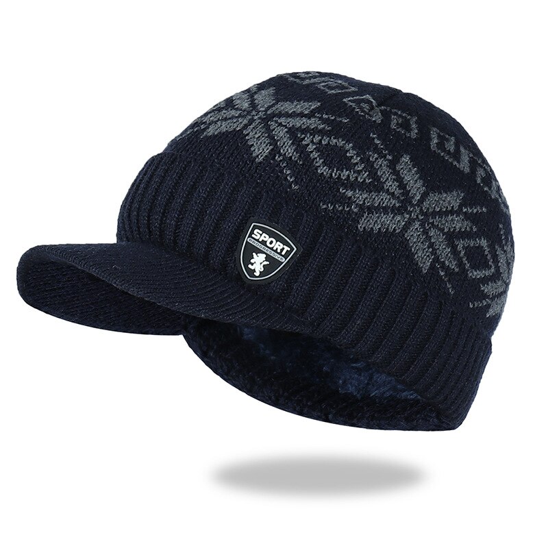 Plus fløjlsstrikket hue vinterhuer til mænd skullies beanies varm kasket mænd baseballkasket snesort printede ski peaked caps: Marine blå