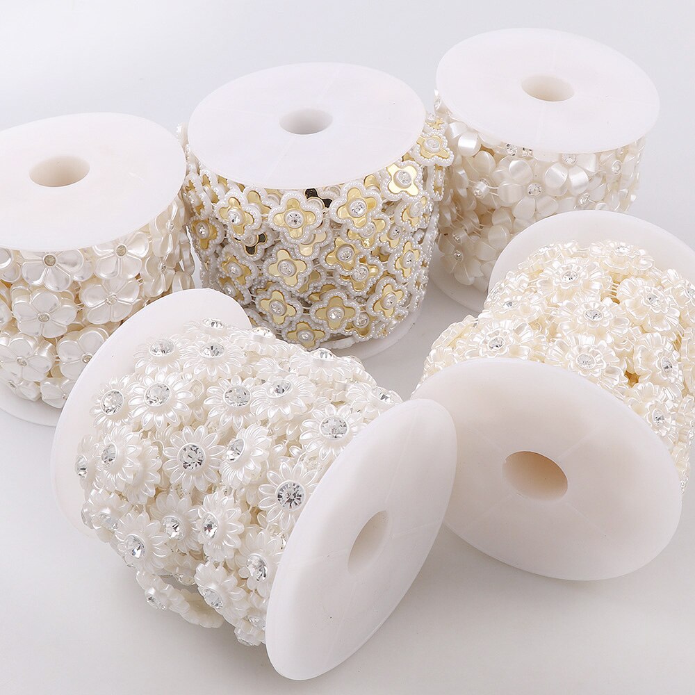 1 Yard Flower Series Rhinestone Chain ABS Pearl Jewelry Decor Wedding Dress Crafts Bridal Beads Appliques Garment Chain