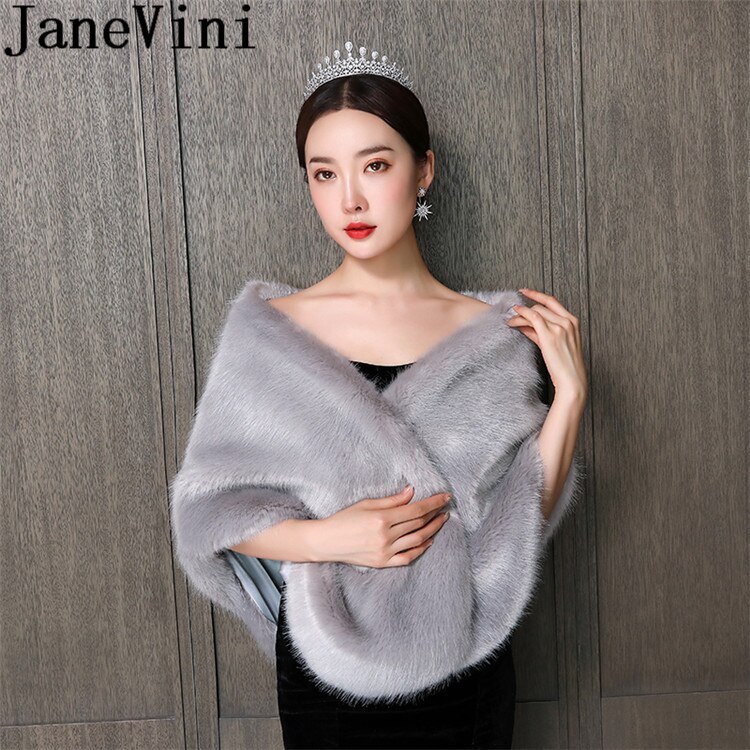 JaneVini Gray Fur Bridal Cape Women Bolero Femme Winter Wedding Dress Shrugs Shoulder Wraps Bride Faux Fur Shawls Stoles