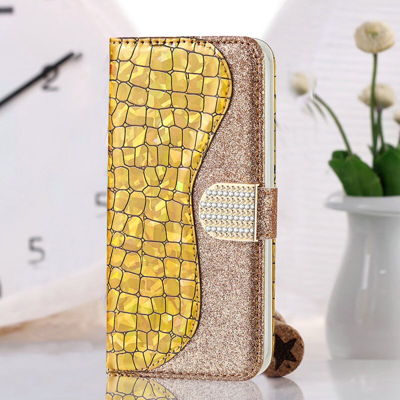 Funda con tapa para Huawei P Smart , carcasa inteligente con diamantes de imitación, cartera brillante para mujer, FIG-LX1