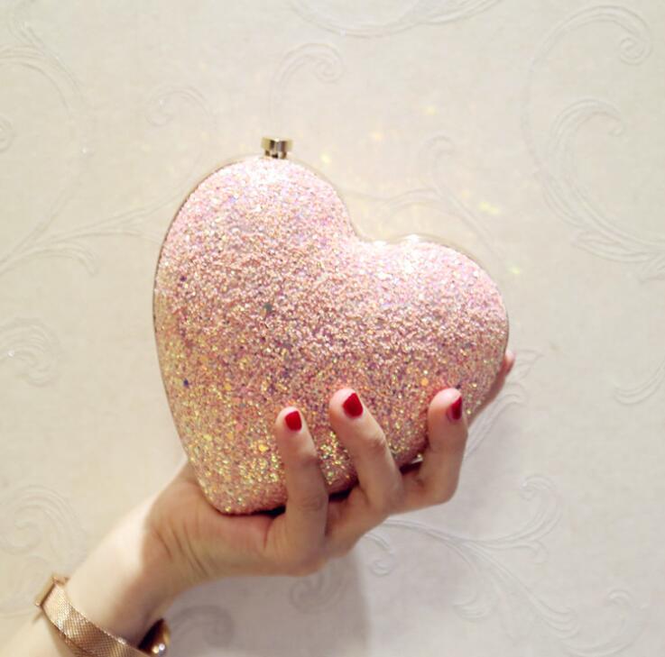 Sac à Main de luxe en forme de cœur pour femmes, pochette de soirée brillante à paillettes, Mini porte-monnaie de fête de mariage avec chaîne: 3