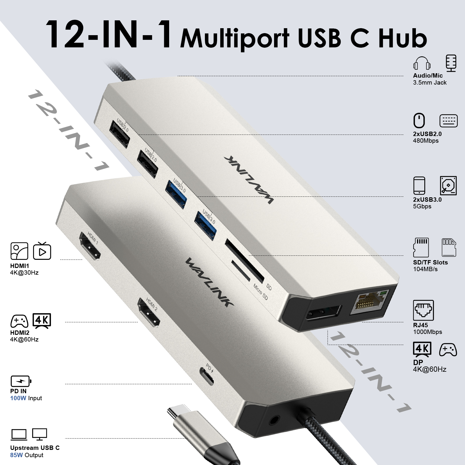 Wavlink usb c till hdmi-adapter med dubbel skärm, dubbel 4k @ 60hz 3-- i- -1 hdmi-adapter med 95w strömförsörjningar för bärbara macbook pro/air: Brun