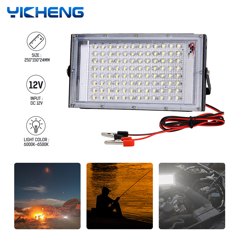 Dc 12V Led-Schijnwerper 50W 100W Elektrische Clip Oplader Led Noodlamp Led Buitenverlichting Voor Kamperen Wandelwerk
