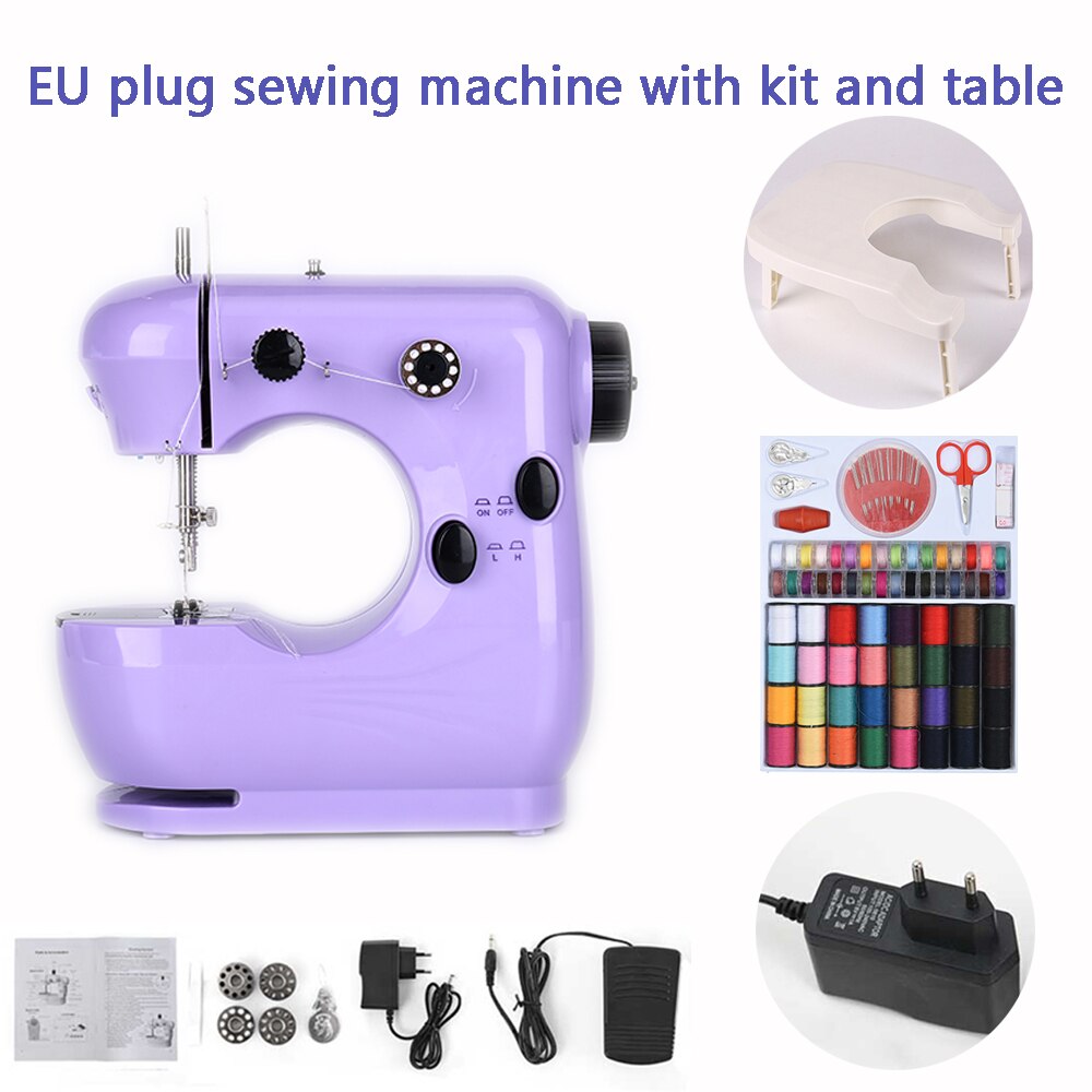 Sewing Machine Mini Portable Electric Household Pedal Multifunctional With Night Light Handmade DIY Purple For Beginners: EU with kit table