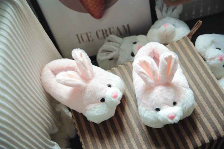 Women Cute Animal slippers Girls Rabbit Home shoes Big size 42 Non slip Flat with Winter slipper Short Plush TPR Sole: Pink / 9