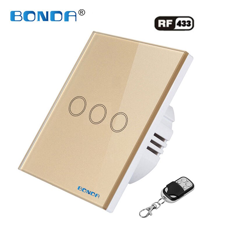 Bonda Wall Switch, Eu Standaard, Wit Kristal, Gehard Glas Panel, Touch Schakelaar, touch Screen Remote Contro Ac220v, 1Gang 1way: RF gold 3