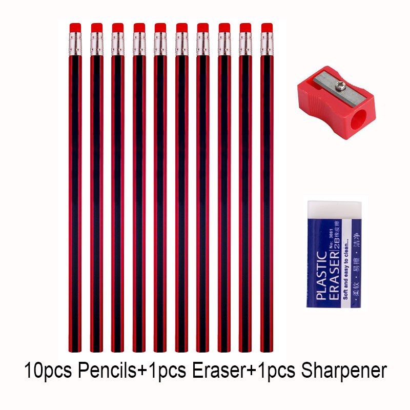 Drawing HB Wooden Lead Pencil 12pcs Painting Pencils/Sharpener/Eraser For School Office Student Writing Graphite Stationery: Red