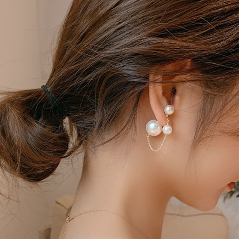 Korean Silver Color Long Chain Tassel Double Pearl Earrings for Women Two Wear Style Pearls Ball Stud Earrings Wedding Jewelry