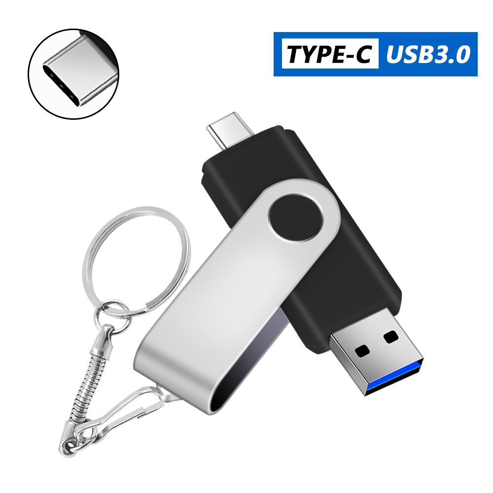TYPE C USB 3.0 Flash Drive Metal Pen Drive128GB64GB 32GB16GB 8GB Memory Stick 2IN1 High Speed Pendrive U Disk External Storage: black / 128 GB