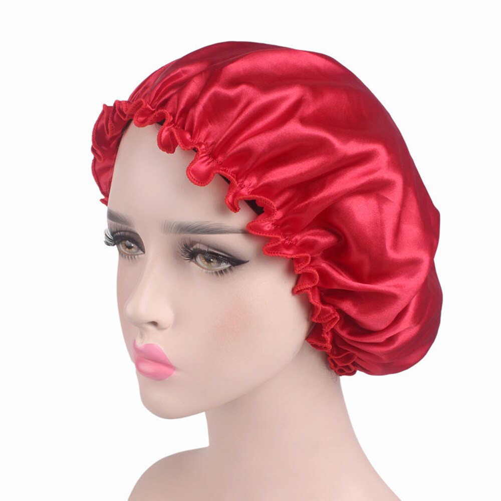 Solid Color Long Hair Care Women Satin Bonnet Cap Night Sleep Hat Silk Head Wrap Adjust Shower Caps Knitted Cap 58cm: 9