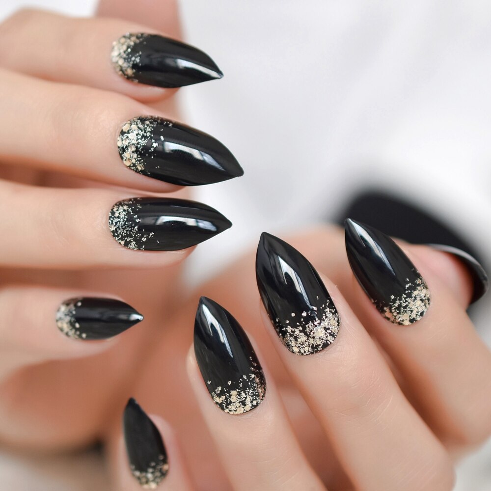 Faux ongles style français, , Beige, naturel, mi-stiletto, or, ligne de sourire, pointes de manucure conçues: L5054