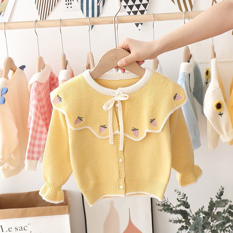 Herfst Winter Baby Meisjes Lange Mouw Aardbei Revers Kraag Truien Trui Kinderen Kids Gebreide Vesten Bovenkleding