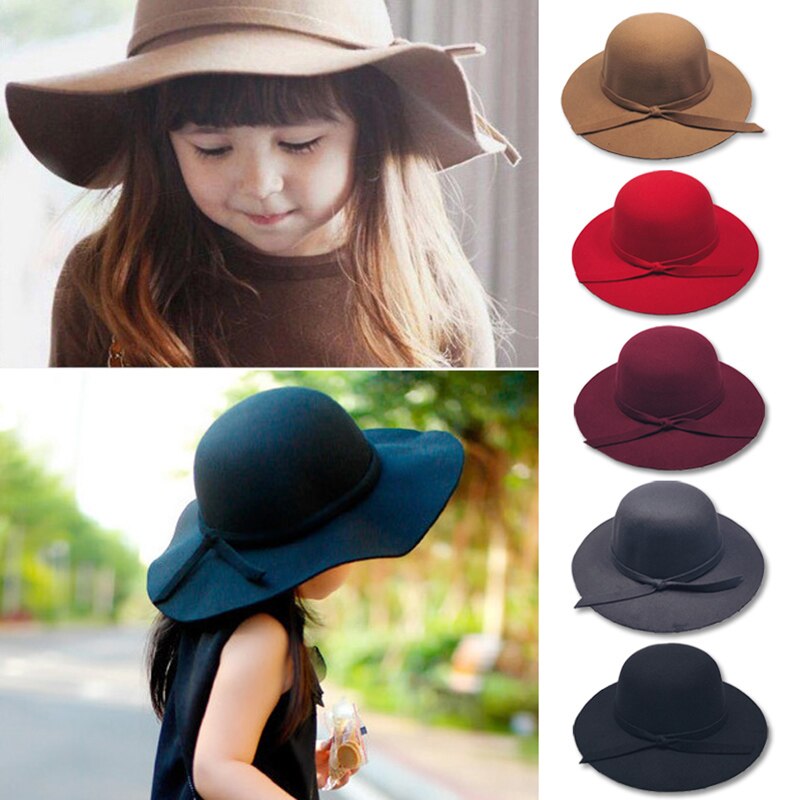 Sombrero de lana de ala ancha para niña, sombrero Vintage de fieltro de Color sólido, sombreros de sol con lazo, gorra plana de Jazz, novedad de primavera