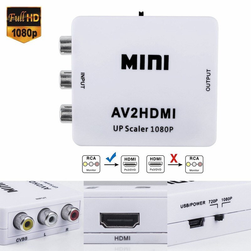 Rca till hdmi mini 1080p rca komposit cvbs av till hdmi video o omvandlaradapter stöd pal, ntsc 3.58,  ntsc 4.43,  secam, pal/m