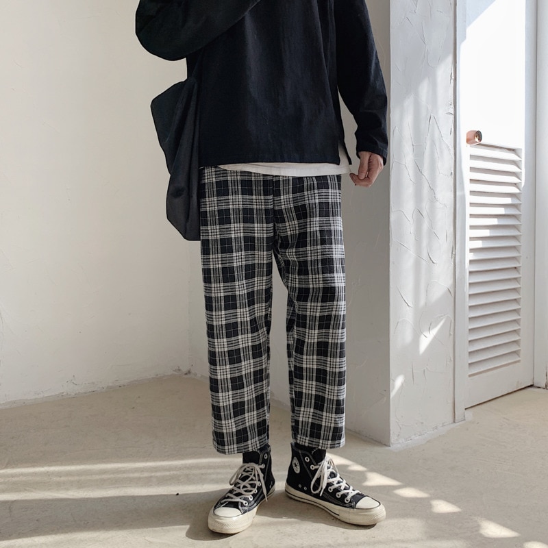 Våren bomull rutiga byxor herr retro casual raka byxor herr streetwear vilda lösa hiphop byxor herr -2xl