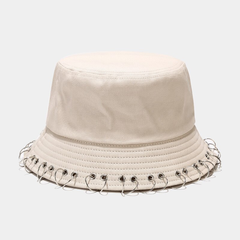 Harajuku Hip Hop Solid Color Bucket Hat Spiked Rivets Metal Rings Outdoor Wide Brim Sunscreen Fisherman Cap Women Man Panama: Beige