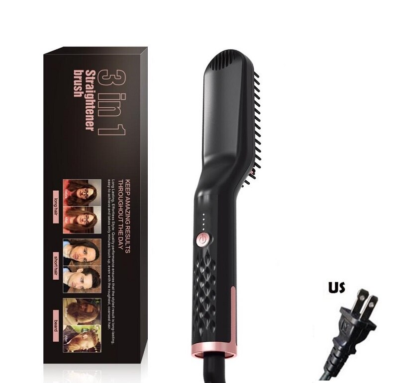 Cepillo eléctrico 3 en 1 para alisar y alisar el cabello para hombres, peine para Barba y plancha, keratina, cepillo de estilismo: US black with box
