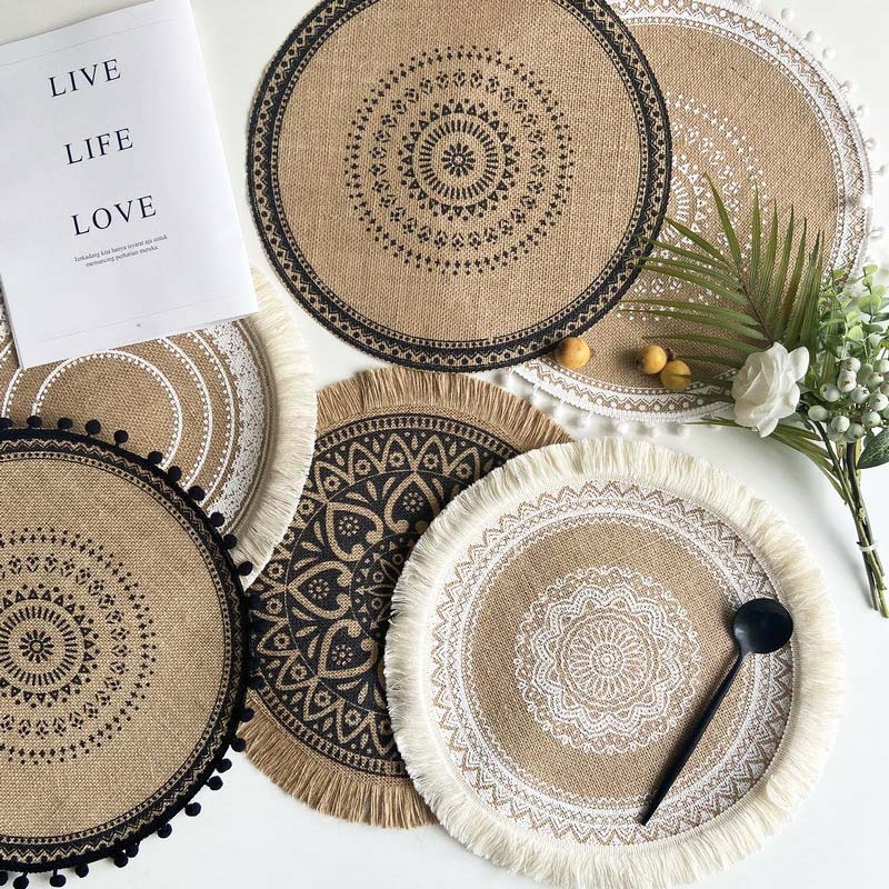 Prachtige Geweven Jute Katoen Tafel Mat Bohemian Stijl Afdrukken Placemat Ronde Voedsel Pad Dining Servies Coaster Keuken Decor