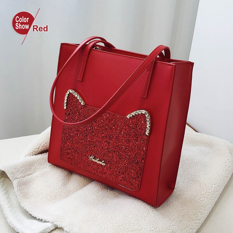 Beibaobao Mode Pailletten Kat Vrouwen Tassen Grote Schoudertassen Dames Luxe Pu Leer Totes Bag Leuke Vrouwen 'S Handtassen: Rood