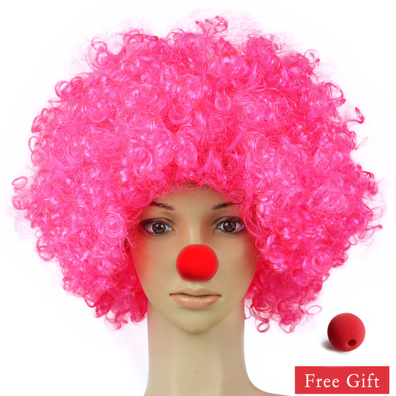 Kleurrijke Clown Pruik Afro Krullend Synthetische Pruik Cosplay voor Mannen Vrouwen Mardi Gras Party Pruik Rood Groen Geel Blauw Pruik Clown Neus: Roze
