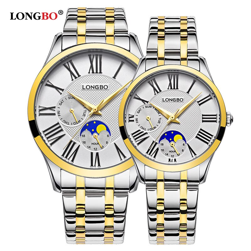 Longbo Quarzuhr Liebhaber Uhren Frauen Männer Paar Analog Voller Edelstahl Geschäft Armbanduhren lässig Gold 1/stücke