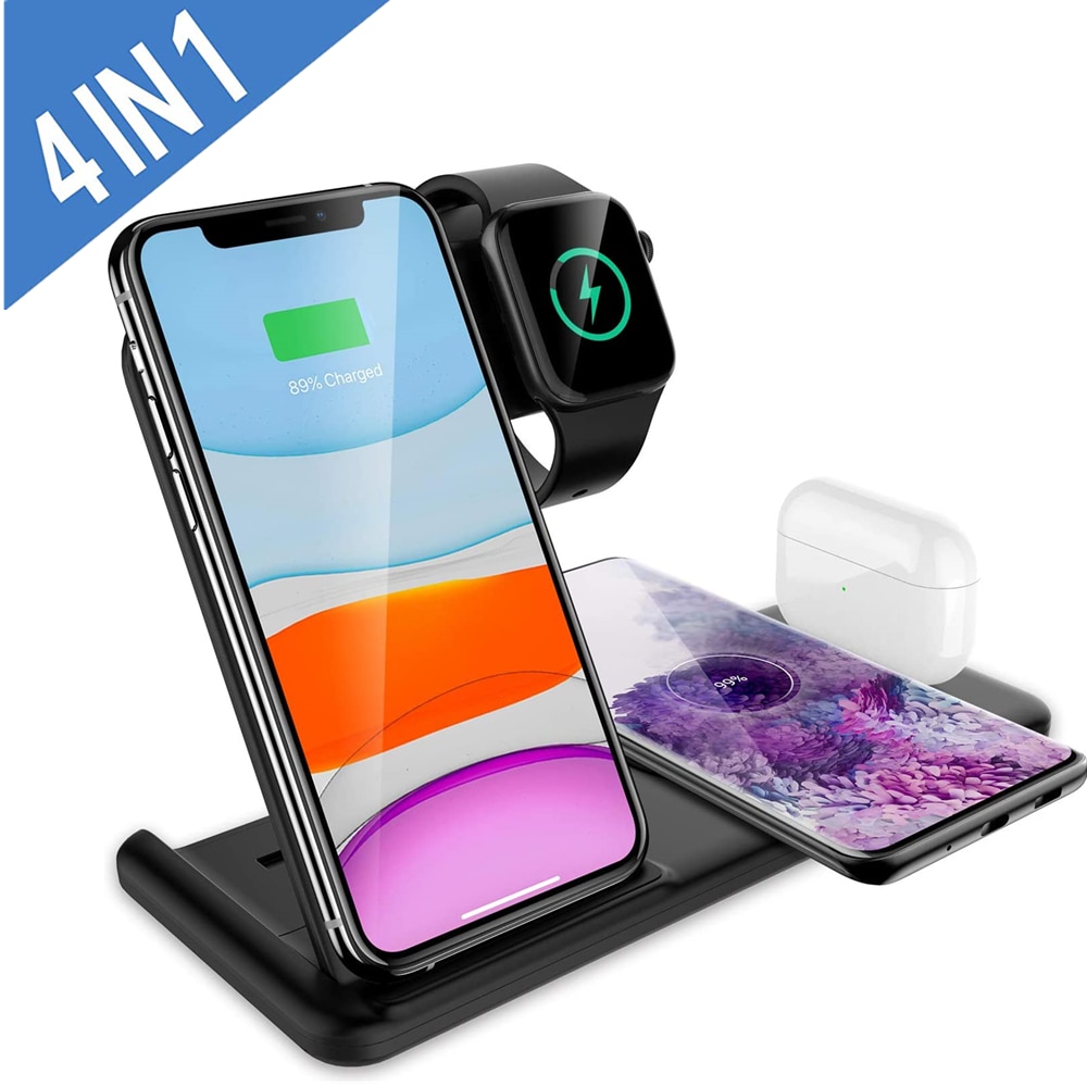 4 i 1 qi 15w rask trådløs lader til iphone 8 x xr  xs 11 samsung  s20 s10 ladestasjon til eple se 5 4 3 2 airpods pro
